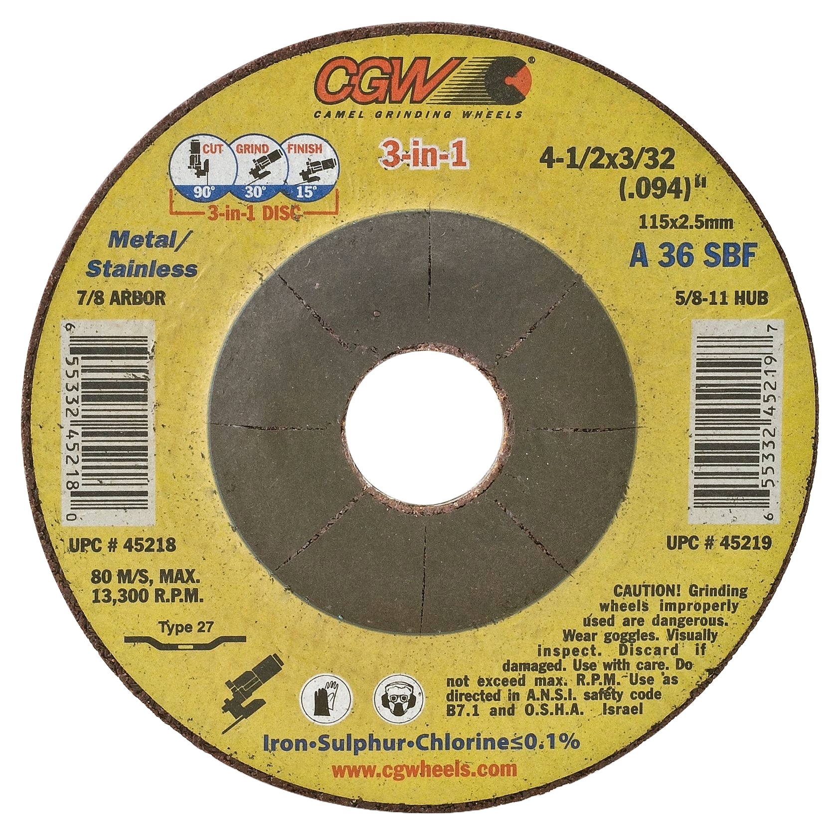 Picture of CGW "Camel" Abrasive 41/2X3/32(094)X5/8-11 T27 A36S Wheel Grinding